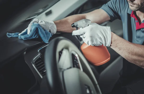 Automotive Maintenance Theme Car Interior Dashboard Cockpit Disinfection Detailed Cleaning — Stock Photo, Image