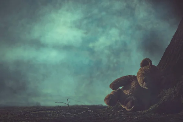 Teddy Bear Lost Dark Foggy Forest Child Missbrauch Konzept Körperliche — Stockfoto