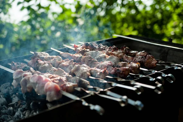 Cuire de la viande sur un feu à l'extérieur — Photo