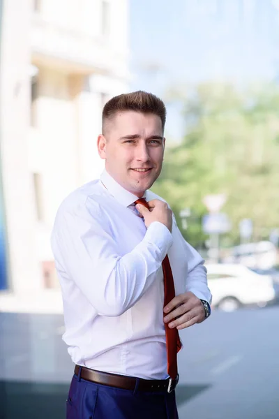 Uomo d'affari regola la cravatta — Foto Stock
