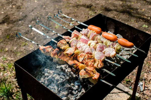 Sertéshús szelet sült a grillsütőn. Tűzláng a háttérben. Láthatsz még grillezett kaját, pikniket és parti jeleneteket a nyilvános forgatásomon.. — Stock Fotó
