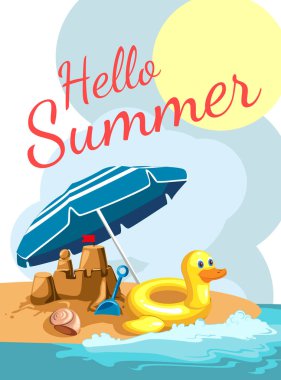 Bir plaj ile karikatür tebrik kartı