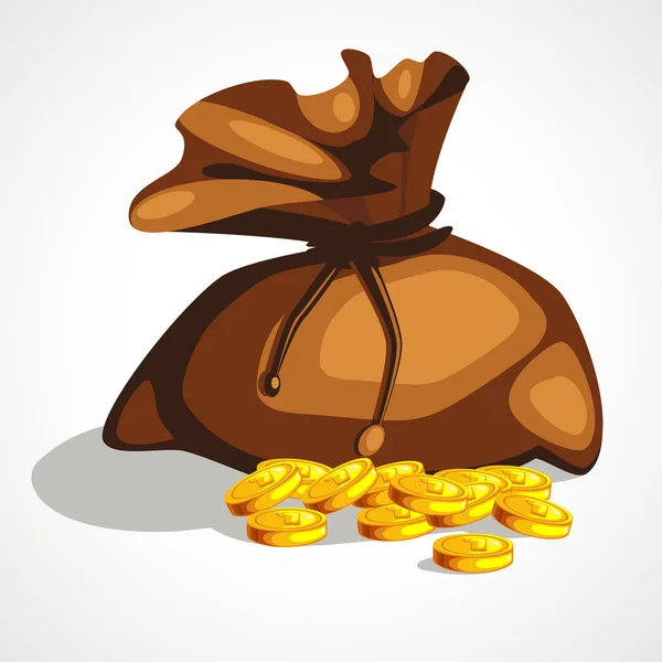 Cartoon oude bruine tas voor geld. Gouden munten. Vectorillustratie — Stockvector