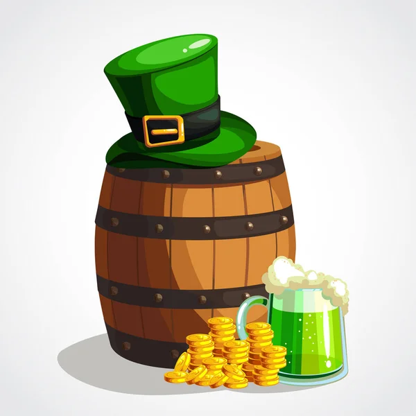 Cartoon St. Patrick s Day cartão de saudação. Cerveja e ouro. Ilustração vetorial —  Vetores de Stock