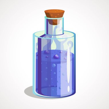 Cartoon small bottle with blue potion. Vector illustration.