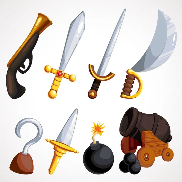 Dibujos animados conjunto de medievalismo armas piratas. Ilustración vectorial . — Vector de stock