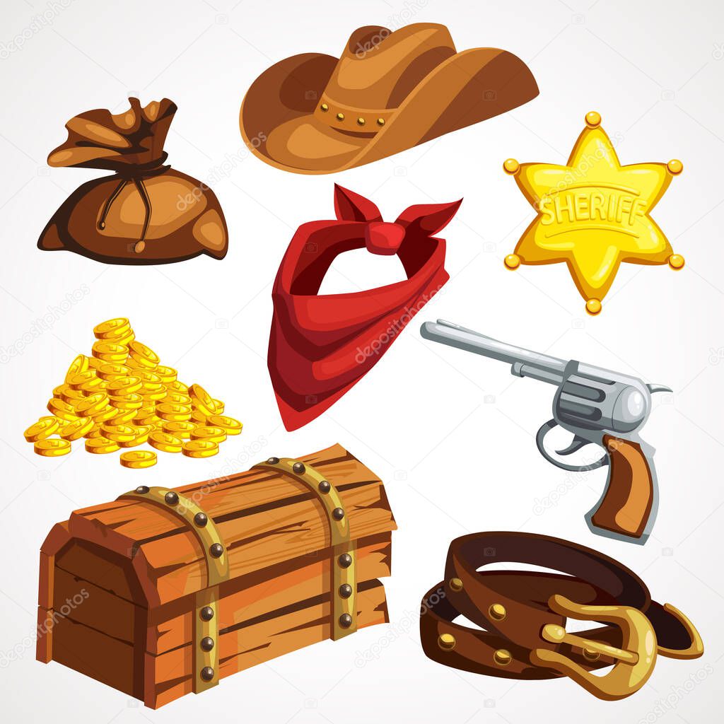 Cartoon set of cowboy things from the American Old West. Vector illustration.