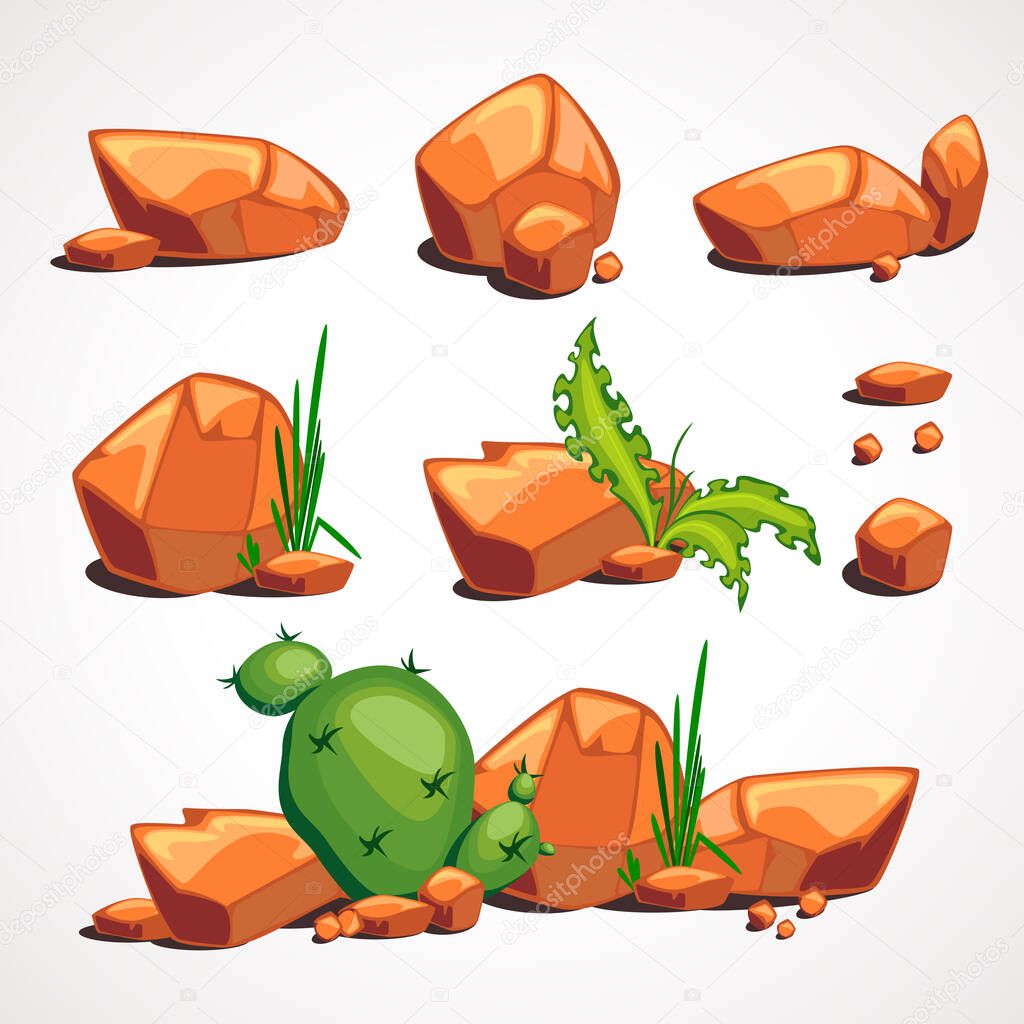Cartoon set of desert stones with plants. Vector illustration.