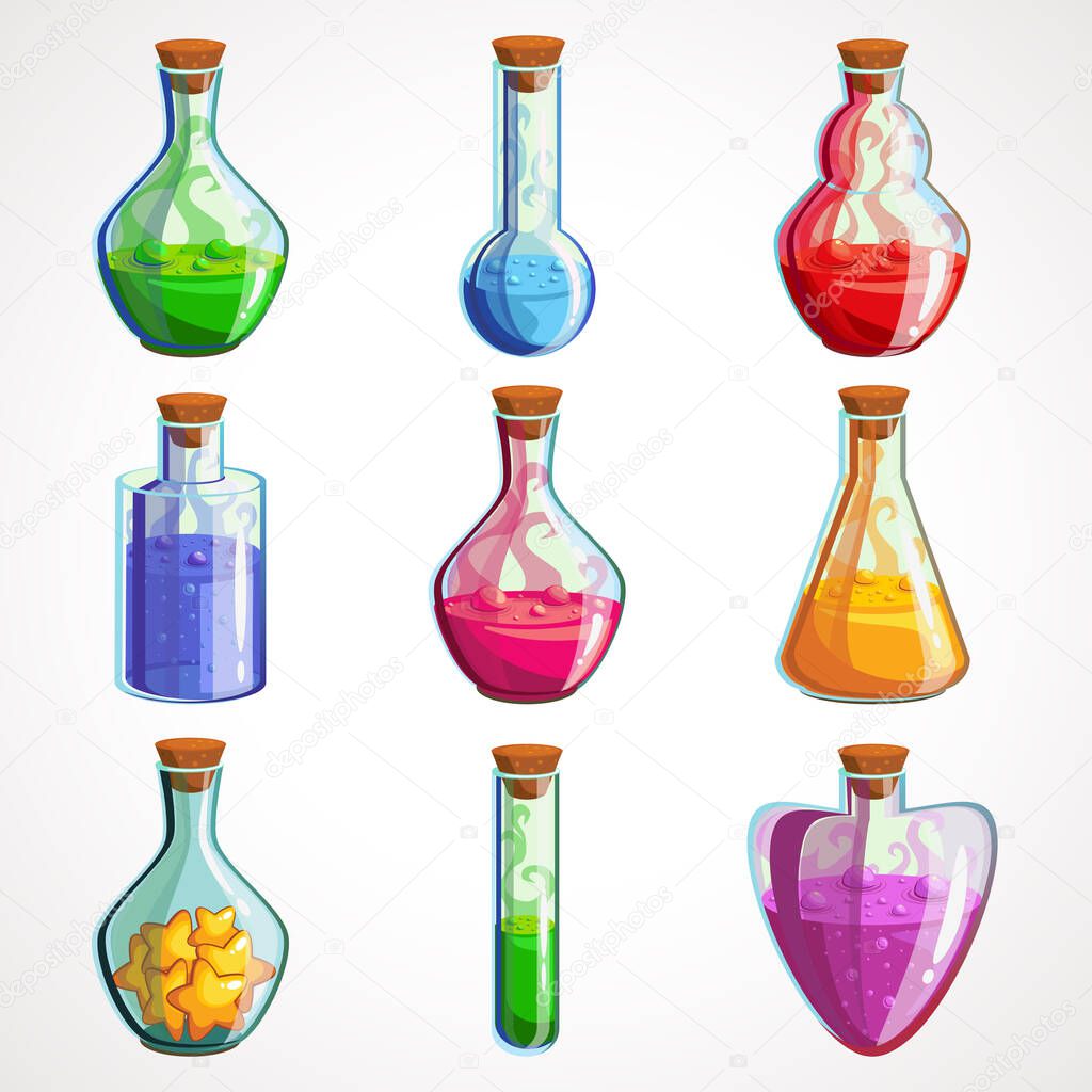 Cartoon set of flasks with magic potion of different colors. Vector illustration