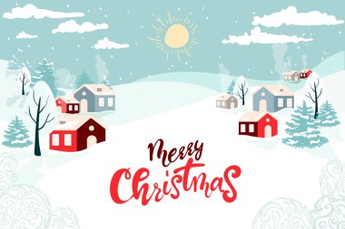 Kış manzarası, bir Noel ağacı, evler, güneş, düz tasarım vektörler. Mutlu Noeller. Yeni yılınız kutlu olsun. Noel sezonu için tatil tasarımı.