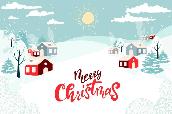 Kış manzarası, bir Noel ağacı, evler, güneş, düz tasarım vektörler. Mutlu Noeller. Yeni yılınız kutlu olsun. Noel sezonu için tatil tasarımı.