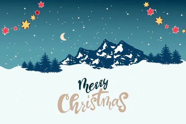 Winter landscape with a christmas tree, houses, sun, text in flat design in vector. Merry Christmas happy new year winter illustration. holiday design for christmas season. — ストックベクタ