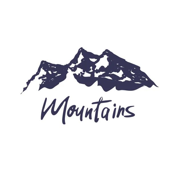 Εικονογράφηση διάνυσμα: Modern brush lettering of Mountains with Hand drawed Peaks of Mountains σκίτσο. εικονίδιο λογότυπο πρότυπο σχεδιασμού. Ορεινού τουρισμού, αναρρίχηση για λογότυπο — Διανυσματικό Αρχείο