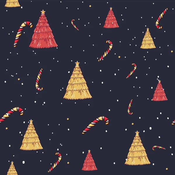 Zimní grafický bezešvý vzor s vánoční stromky. Ručně kreslená vektorová ilustrace. Balící papír k Vánocům, Šťastný Nový rok. ručně kreslené prvky — Stockový vektor