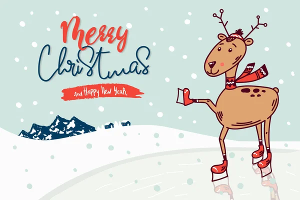 Vector buz pateni geyiği Noel 'i. Orijinal karşılama, davetiye kartı. Çizgi film karakterleri ve buz pateni sahalarıyla kış tatili çizimleri. Artistik patinaj ve tatil kavramı