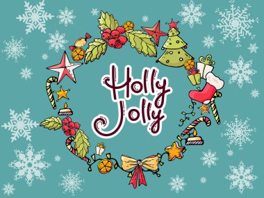 Holly Jolly Vector tebrik kartı, el yazısıyla yazılmış el yazısı harfleri olan pankart. Çorap, ağaç, şeker