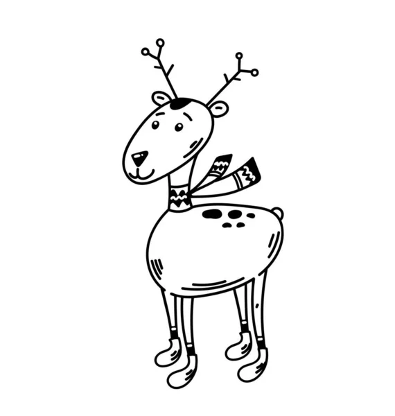 Boceto de ciervos lindos. ilustración blanco negro dibujado a mano. Divertido animal del bosque con bufanda personaje de dibujos animados aislados. Dibujo del boceto de Navidad. para la tarjeta de felicitación de vacaciones de invierno. vector — Archivo Imágenes Vectoriales