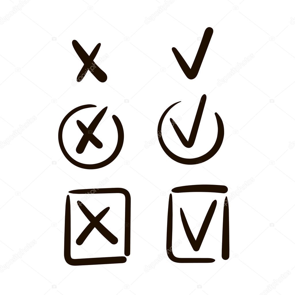 Hand drawn Check mark buttons. Vector illustration. black, white