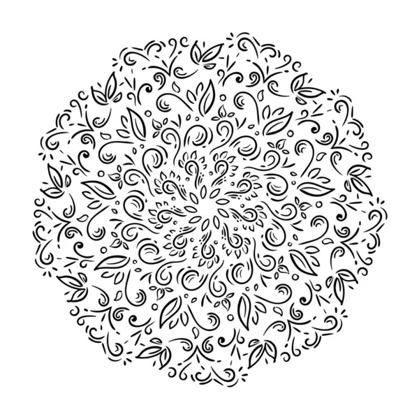 Zentangle mandala, page for adult colouring book, vector design element. Ornamental round black doodle flower, leaves isolated on white background. — Stock Vector