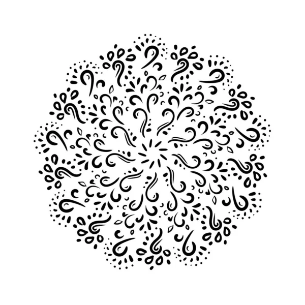 Зантакле мандала, сторінка для дорослих розмальовок, векторний елемент дизайну. Декоративна кругла чорна квітка каракулі, листя ізольовані на білому тлі . — стоковий вектор