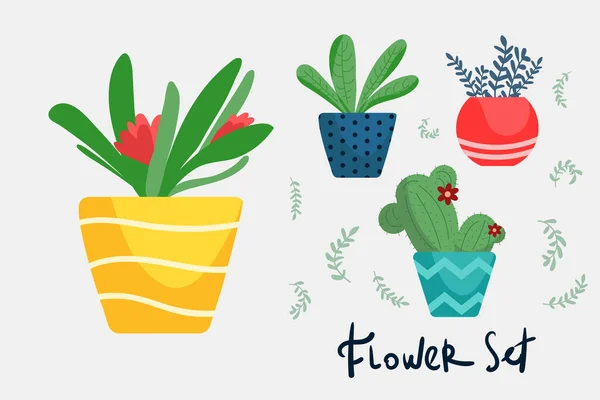 Set di vasi di fiori piani luminosi colorati per la casa. Illustrazione vettoriale isolata. Collezione di vasi di fiori moderni — Vettoriale Stock