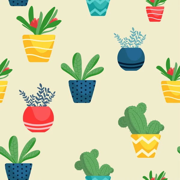 Modèle vectoriel sans couture avec des fleurs plates en pots, cactus. Mignon cactus, fleurs dans des pots ornementaux. Illustration dessin à la main. Papier d'emballage textile fond. image répétitive — Image vectorielle