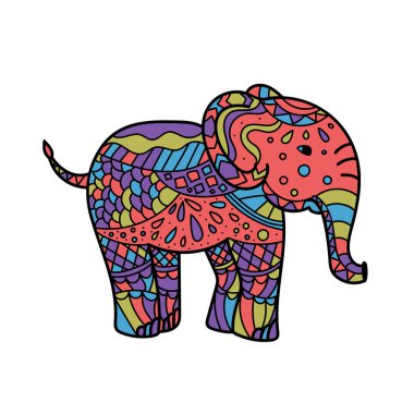 Renkli fil. El çizimi fil boyama sayfası. Yetişkinler için boyama kitabı sayfası, çocukları ve yetişkinleri renklendirme zevki. Siyah beyaz arka plan. Vektör