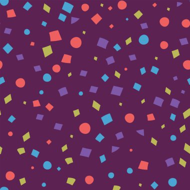 Yeşil geometrik şekilli soyut vektör deseni sarı kırmızı mor kare dikdörtgen eşkenar dörtgen. Karalama moda tarzı. Tekstil ambalaj kağıdı arka planı. Görüntü yineleniyor. el çizimi
