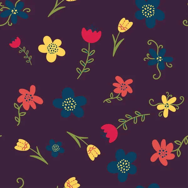 Motif sans couture motif floral vectoriel avec fleurs florales colorées gribouillis. Illustration dessin à la main. Papier d'emballage textile fond. image répétitive — Image vectorielle