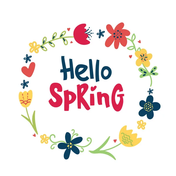 Hallo Frühling Grußkarte. Handgezeichnete Illustration mit Kritzelblumenkranz und Schriftzug auf weißem Hintergrund. — Stockvektor