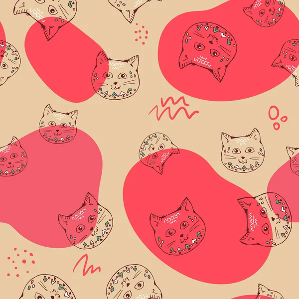 Cute cats colorful seamless pattern background, PINK,beige, white colors, kids style. Hand drawing. background for greeting cards, wallpaper, print on fabric