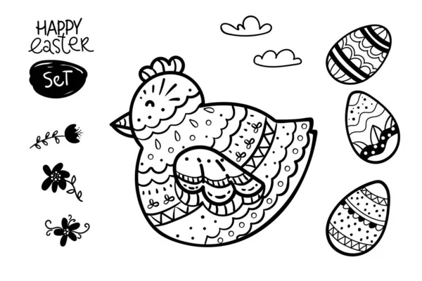 Zwarte Witte Kip Paaseieren Collectie Set Poster Kleurplaten Voor Volwassenen — Stockvector