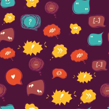Renkli sosyal medya konuşma baloncukları pürüzsüz koyu renk arka plan. Vektör. Karalama şablonu. Çizim. Duvar kağıdı, tekstil, kumaş ve kağıt için.