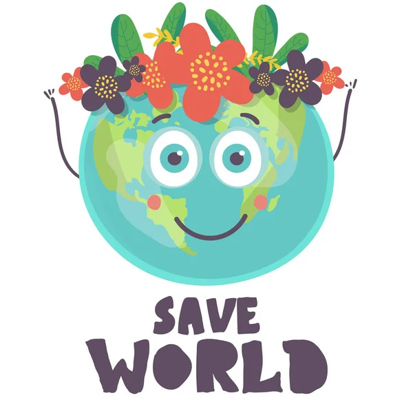 Happy Earth Planet Character Cute Globe Smiley Face Hands Vector — Stock Vector