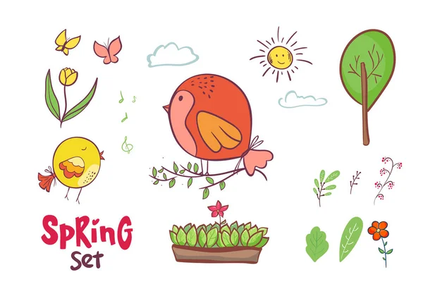 Spring Doodle Set Voorjaarsbloemen Kruiden Vogels Handgetekende Vectorillustratie Met Bloemenelementen — Stockvector
