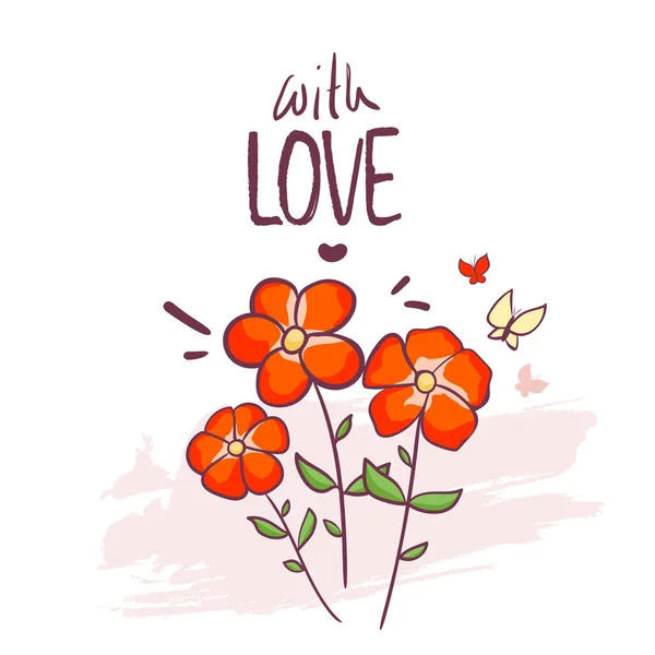 Modelo Cartão Saudação Com Flores Borboleta Letras Com Amor Doodle —  Vetores de Stock
