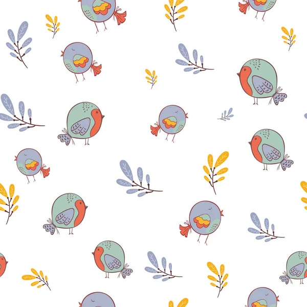 Vögelnahtloses Muster Hintergrund Mit Niedlichen Handgezeichneten Vogelkritzeleien Auf Weißem Vektor — Stockvektor