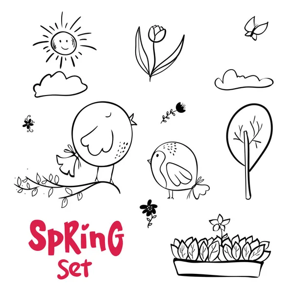 Spring Doodle Set Primavera Schizzo Fiori Erbe Uccelli Illustrazione Vettoriale — Vettoriale Stock