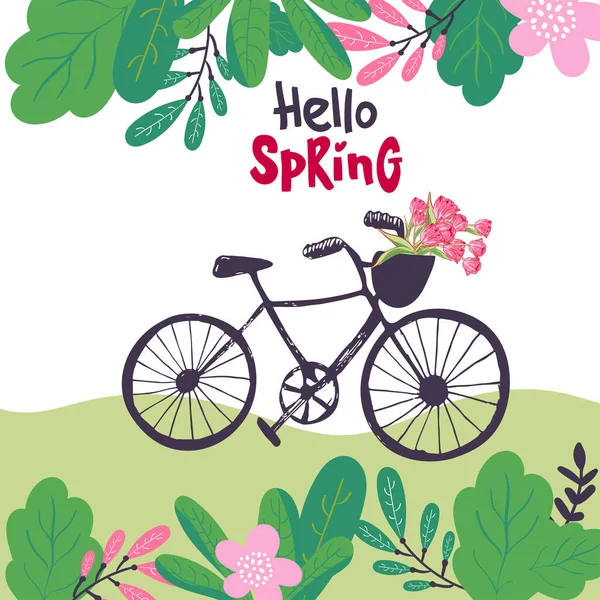 Весна Лето Велосипед Цветком Тюльпаны Лесном Ландшафте Тривиальном Плоском Стиле — стоковый вектор