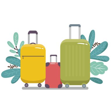 Seyahat için tekerlekli modern bavul ve yapraklı iş seyahatleri. Vektör. Yapraklarla. beyaz üzerine izole.