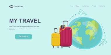 Dünyaya Seyahat 'in iniş sayfası şablonu. Arka planda yapraklı bavul. Web reklam afişi. Modern düz tasarım. Web sitesi, sunum ve tanıtım materyalleri için