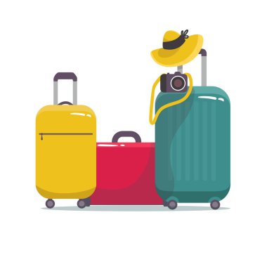 Seyahat için tekerlekli modern bavul seti ve kameralı iş gezileri. Vektör. Yapraklarla. beyaz üzerine izole.