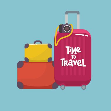 Seyahat için tekerlekli modern bavul seti ve kameralı iş gezileri. Vektör. Yapraklarla. beyaz üzerine izole.