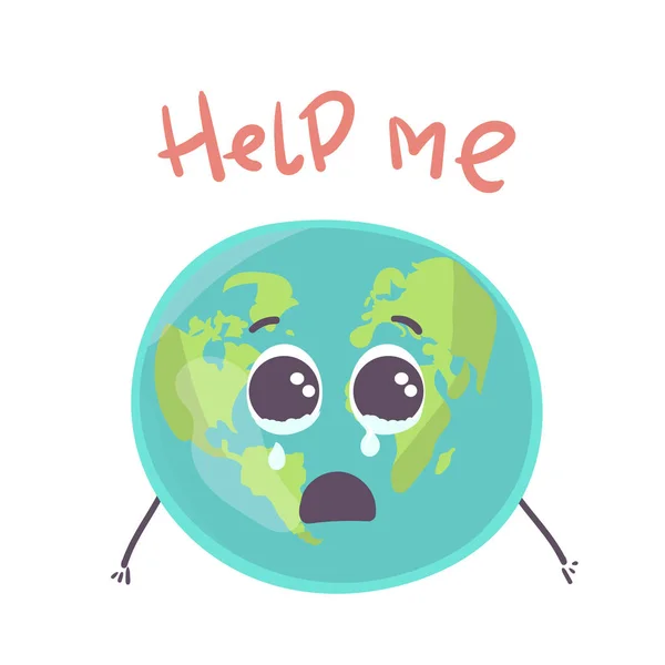 Векторна Ілюстрація Планети Земна Куля Плаче Ізольовані Білому Допоможіть Мені — стоковий вектор