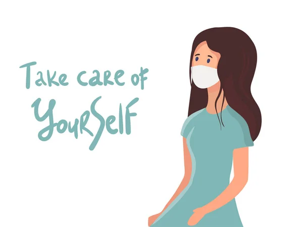 Tıbbi maske taşıyıcı illüstrasyonundaki kız. Kendine iyi bak. Düz kadın karakteri. Virüs maskesi takan genç bir kadın. Coronavirus, salgın, sağlıklı yaşam, ilaç, koruma