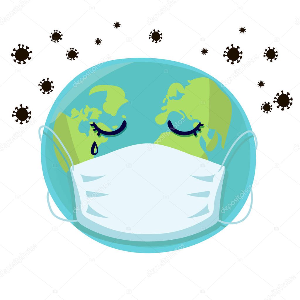 Character Earth in a medical mask. Coronavirus COVID-19 concept. Dangerous chinese nCoV coronavirus outbreak. Pandemic medical concept with dangerous cells. Vector illustration