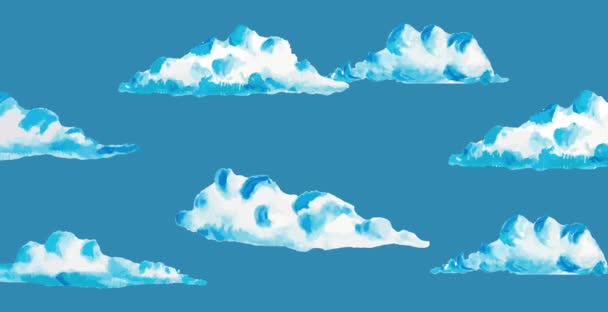 Aquarelle 4k nuages bleus. Illustration aquarelle peinte à la main sur fond blanc. nuages bleus flottant dans le ciel . — Video