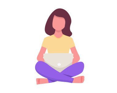 Koltuğunda dizüstü bilgisayarı olan kız Lotus pozisyonunda oturuyor. Serbest çalışmak ya da konsept çalışmak. Not defterinde, ders çalışırken, internette sohbet ederken. Çalışan genç bir kadın. resimleme düz biçimi