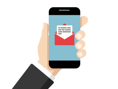 Ekranda e-posta sembolü olan akıllı telefona dokunmak. Akıllı telefonu iPhone 'a benzetiyorum, düz tasarım konsepti. vektör.