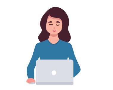Laptoplu kız dizüstü bilgisayarla oturuyor. Serbest çalışmak ya da konsept çalışmak. Not defterinde, ders çalışırken, internette sohbet ederken. Çalışan genç bir kadın. resimleme düz biçimi